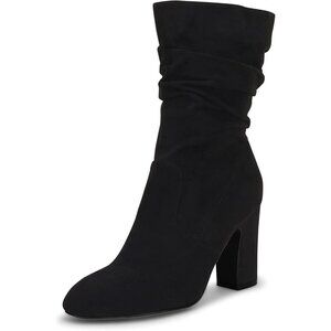 Women's Black Microfiber Mid Calf High Chunky Heel Block Rounded Toe Booties